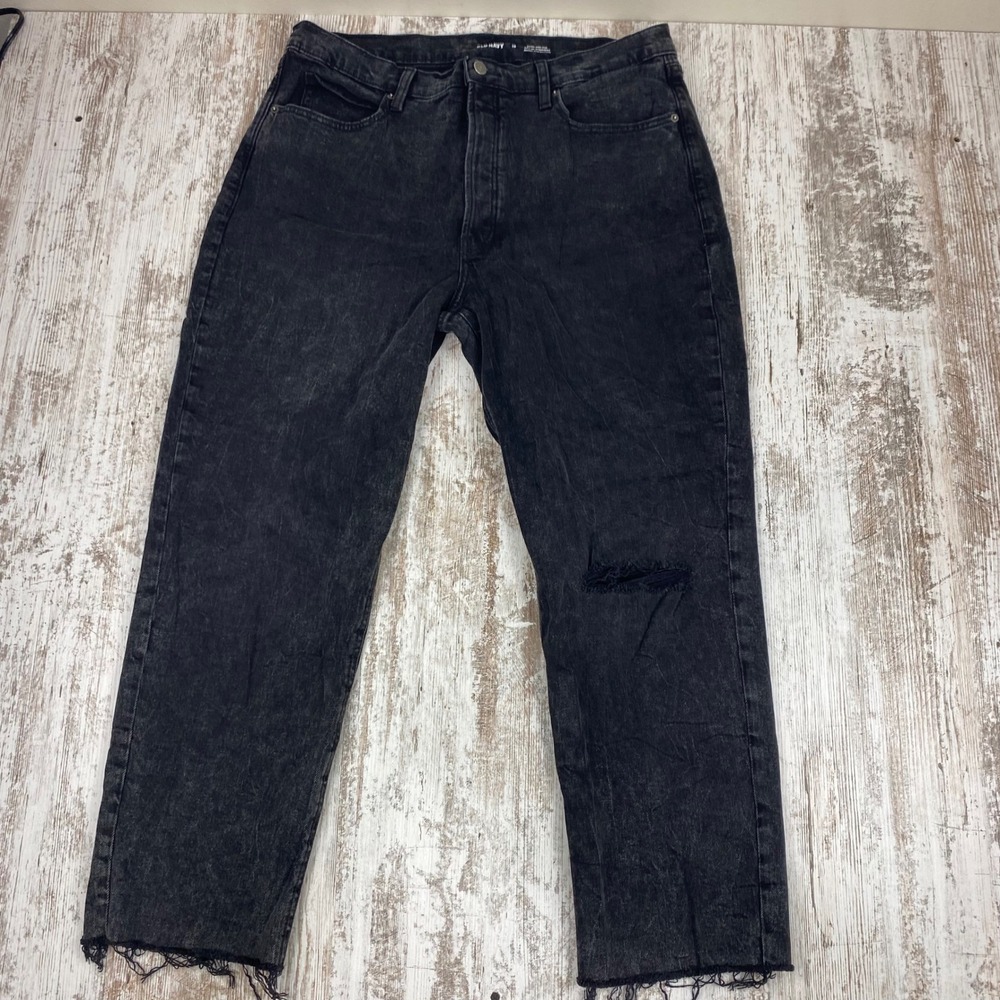 Old Navy Sky-Hi Straight Jeans Womens 16 Black Denim Distressed Button Fly Raw